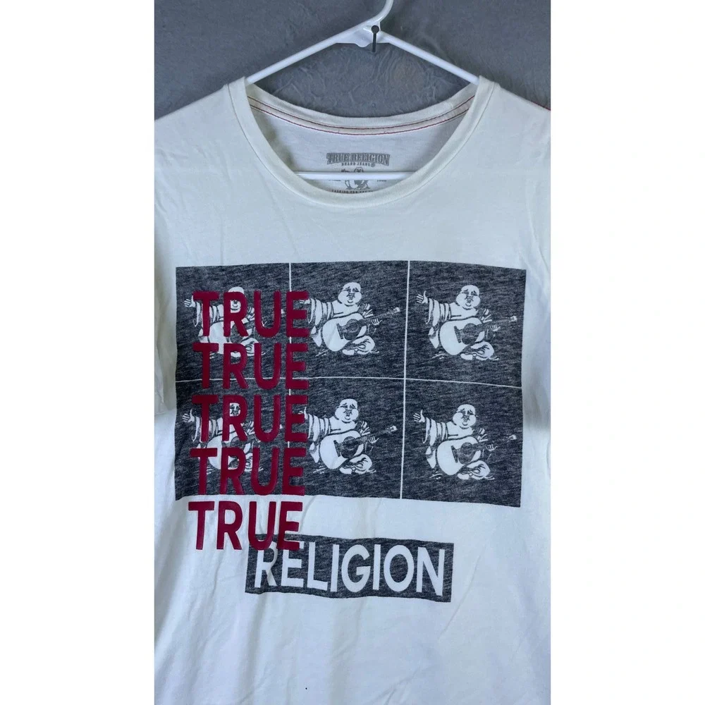 True Religion Graphic Tee Mens XL Cream Good Buddha Logo World Tour Short Sleeve